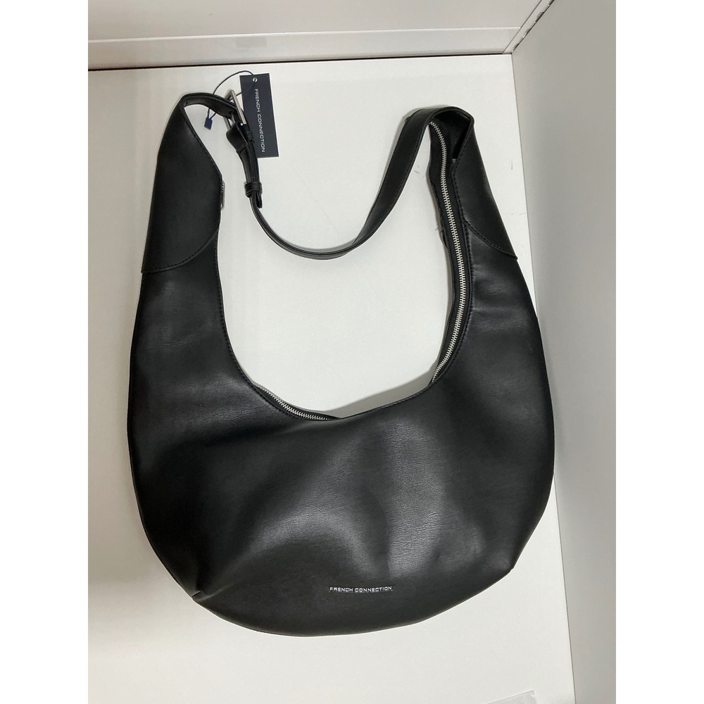 French Connection Black Faux Leather Crescent Hobo Bag Adjustable Strap NWT